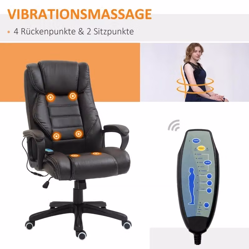 Sedia da ufficio ergonomica OKWISH con massaggio e vibrazione, schienale alto con poggiatesta, girevole a 360 gradi, in pelle sintetica marrone, L: 52 cm, P: 64 cm, H: 120 cm – 2