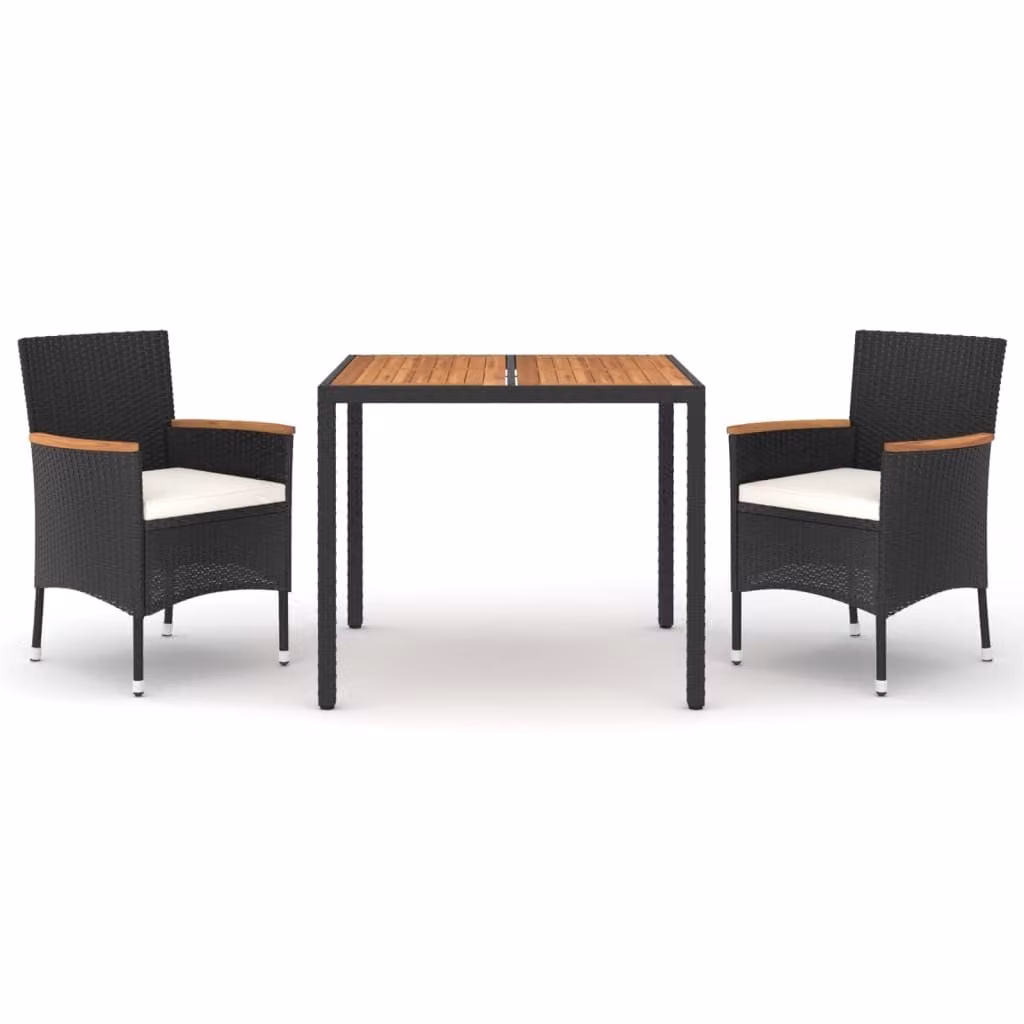 Set da Pranzo da Giardino 3 pz con Cuscini Nero in Polyrattan