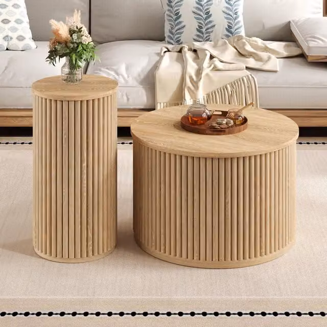 Tavolino doppio rotondo Zephmum multifunzionale con listelli in legno naturale beige e marrone L/P/H: 60 x 60 x 56 cm