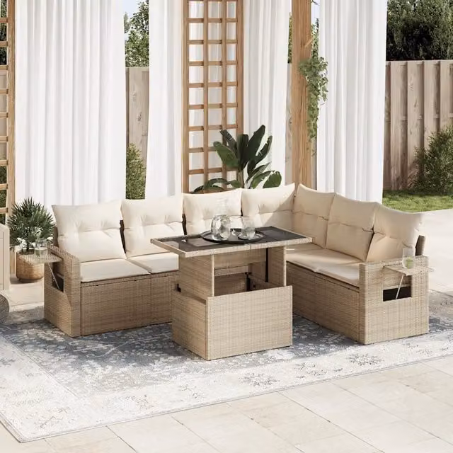 Set Divani da Giardino 7 pz con Cuscini Beige in Polyrattan 3326489