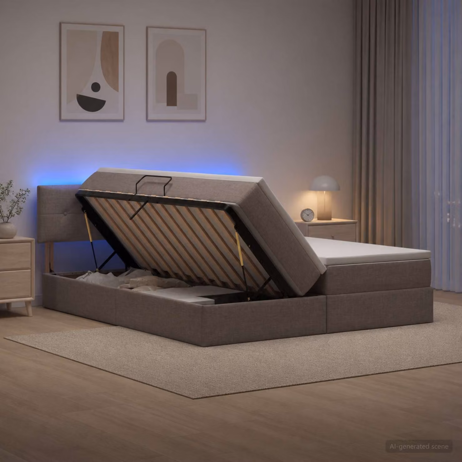 Letto con contenitore e illuminazione LED vidaXL in tessuto beige e grigio, L: 180 cm, P: 200 cm, H: 204 cm