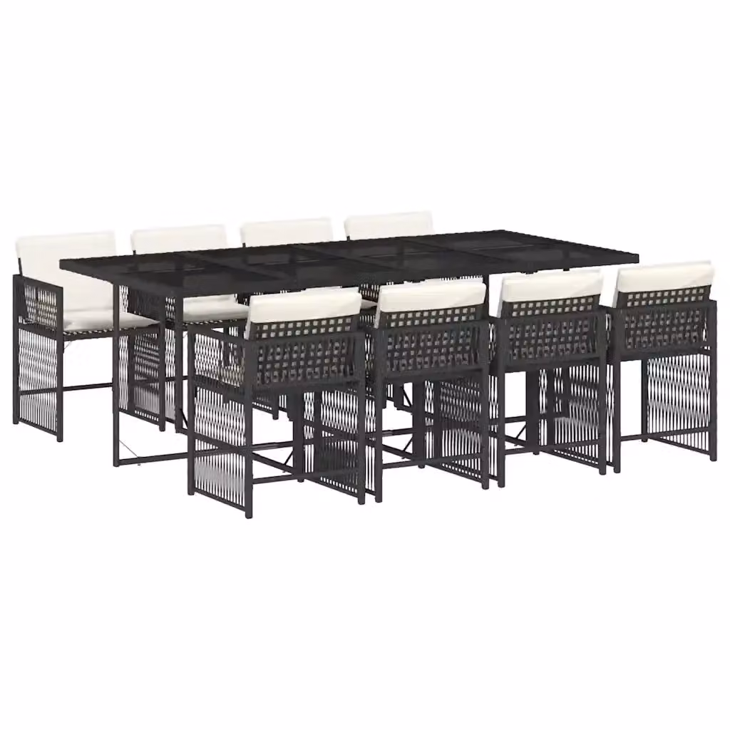 vidaXL Set da Pranzo da Giardino 9 pz in Polyrattan Nero con Piano in Vetro e Cuscini Bianchi – 2