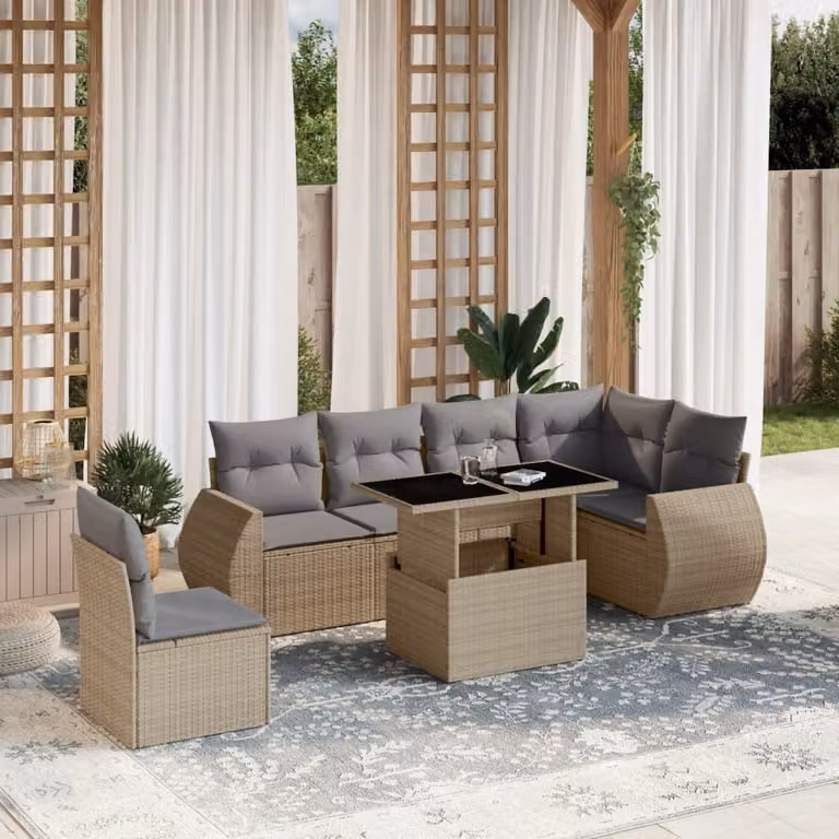 Set di divani da giardino vidaXL in polyrattan beige con 7 pezzi e cuscini imbottiti