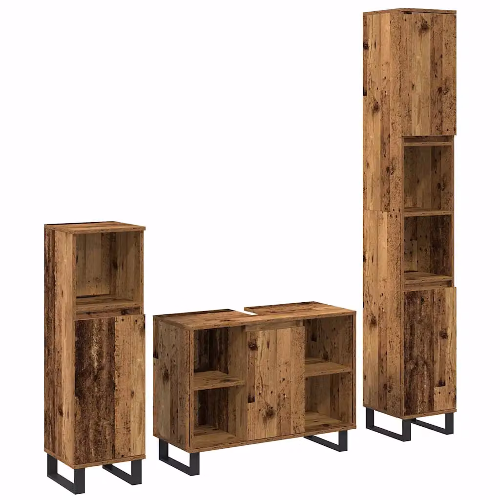 Set di mobili per il bagno vidaXL 3 pezzi Marrone in legno e metallo con ante a cerniera e ripiani interni
