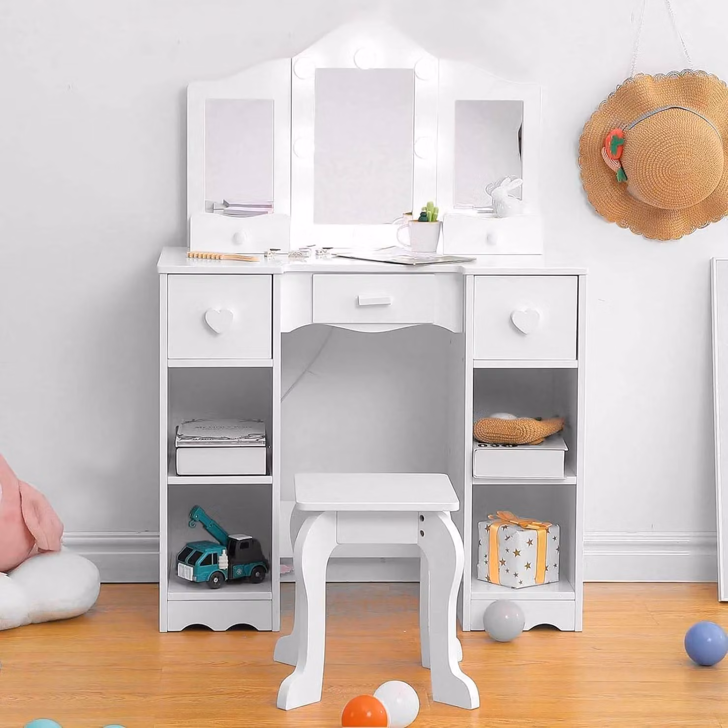 Tavolo da trucco per bambini - Set da gioco con specchio - Specchio pieghevole in tre parti - Ripiani aperti - Con sedia - Legno - Bianco