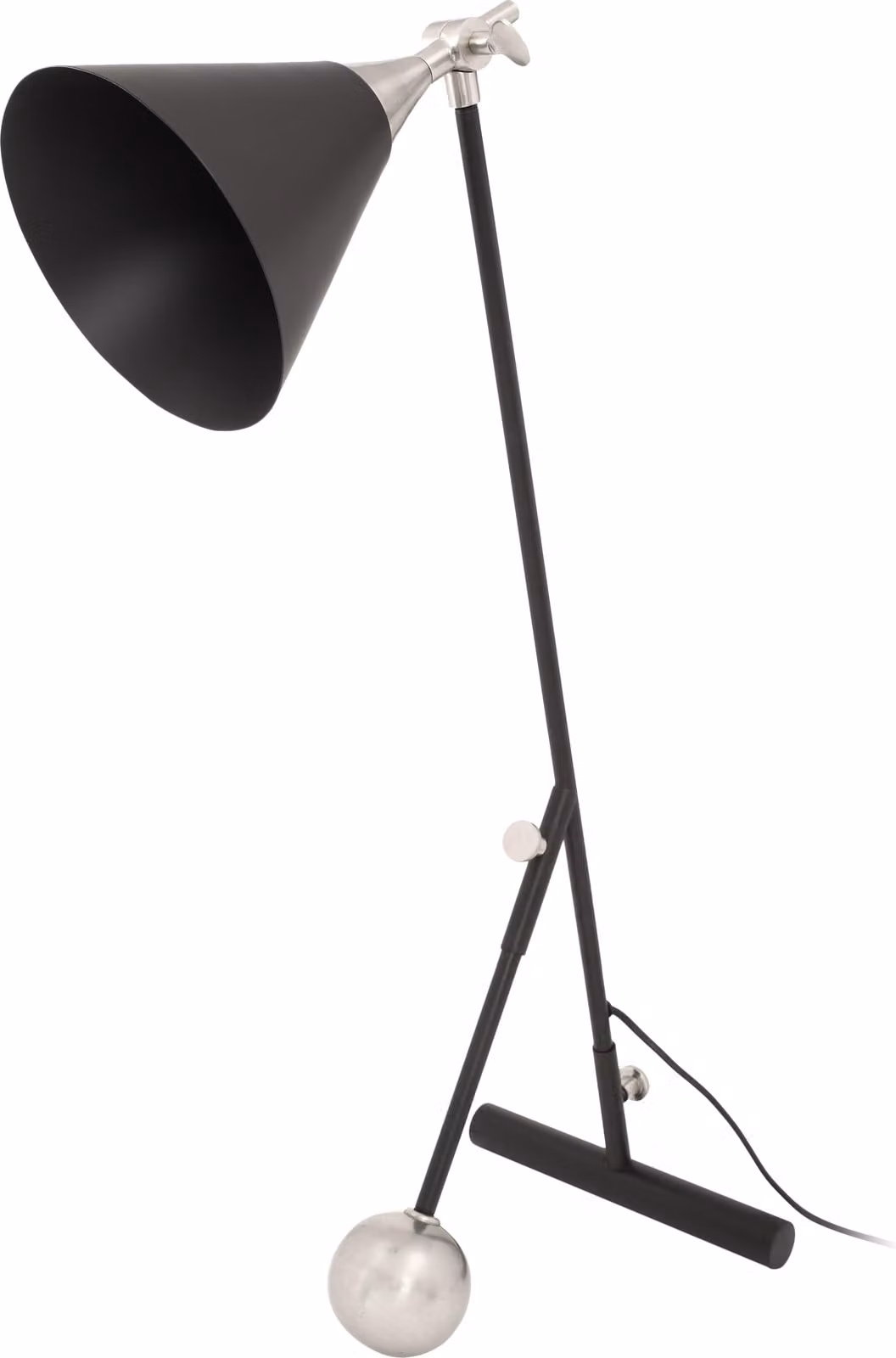 Lampada da tavolo Padiro, 50 x 16 x 76 cm - nera e argentata - in ferro - con paralume inclinato e elemento decorativo a peso