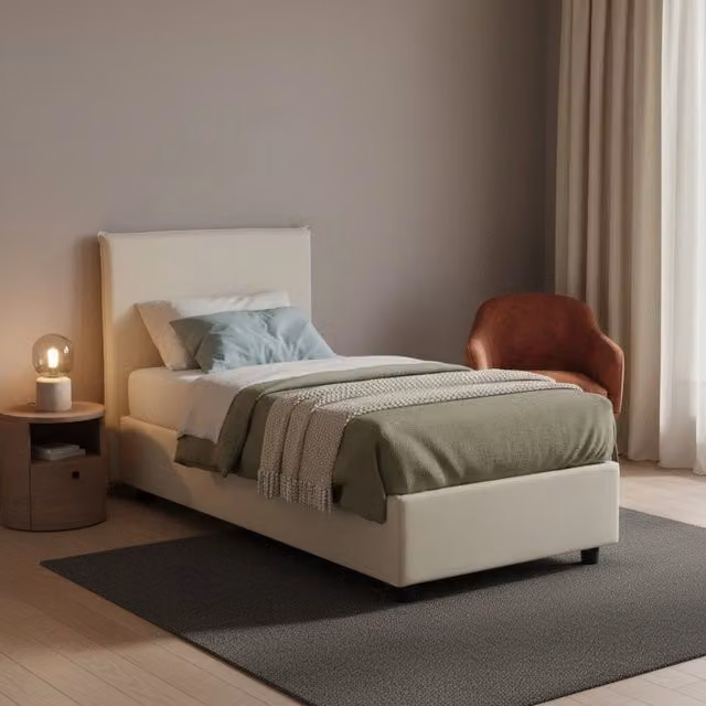 Letto singolo contenitore Acuila Talamo Italia con rivestimento in tessuto beige, apertura laterale, adatto per materasso 80x190 cm