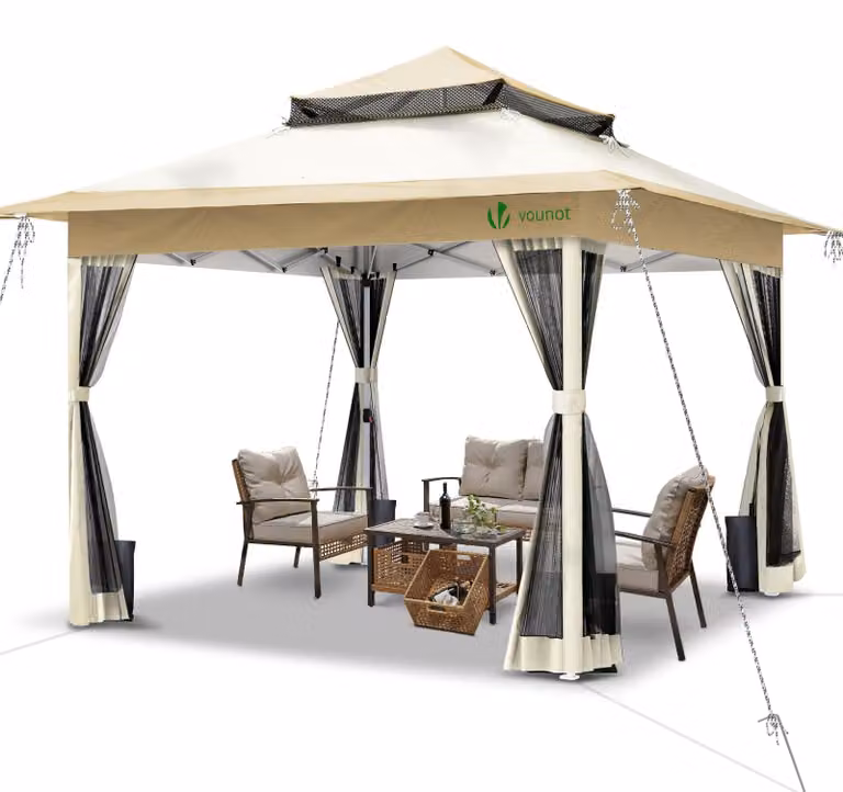 VOUNOT® Gazebo pieghevole 3,6x3,6 m, gazebo pieghevole pop-up, tenda da giardino, gazebo per feste, beige