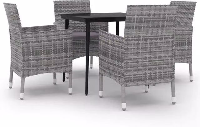 Set da Pranzo per Giardino 5 Pezzi in Polyrattan con Tavolo in Vetro e Cuscini, Colore Grigio e Nero – 1
