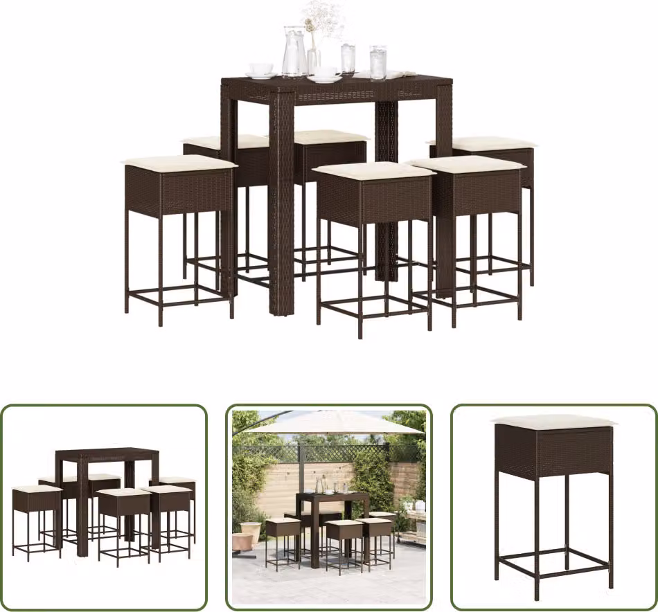 The Living Store Set bar da giardino 7 pezzi con cuscini in poly rattan marrone