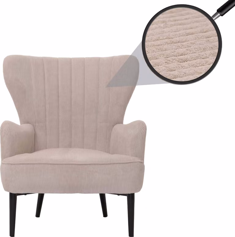 Poltrona relax HWC-K37, poltrona da cocktail/poltrona a orecchie, poltrona imbottita in stile retrò vintage, rivestita in tessuto cord (290g/m²), colore beige