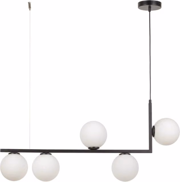 Lampada a sospensione Sigma Lighting Andy con 5 sfere in vetro bianco e struttura nera per socket G9