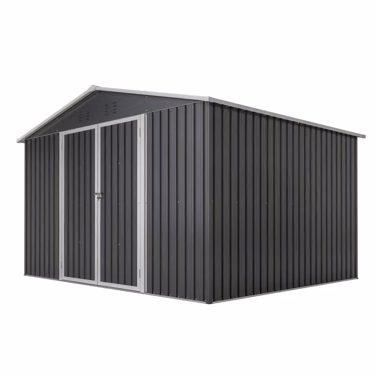 Edificio tecnico in metallo, dimensioni 300 x 252 x 191 cm, superficie 6,91 m², realizzato in lamiera d'acciaio zincata, dotato di 2 porte ad ante larghe con serratura, tetto a falde, sistema di ventilazione, ripiani e di colore nero