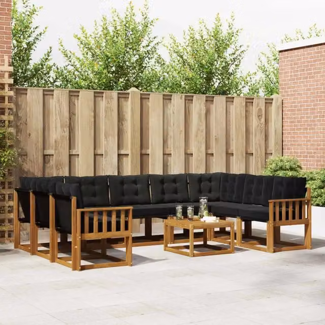 Set di divani da esterno a L vidaXL in legno di acacia con tavolino da caffè, colore marrone e nero – 1