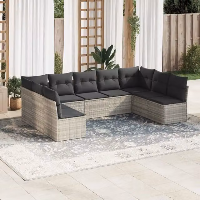 Set Divano da Giardino 9pz con Cuscini Grigio Chiaro Polyrattan 3218072