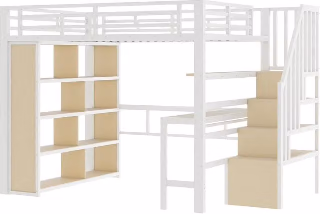 Letto a soppalco 140x200 cm con struttura in ferro, scrivania, ripiani, illuminazione LED e scala con contenitori, bianco