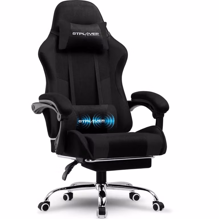 Sedia da gioco GTPLAYER, sedia da ufficio, sedia ergonomica per PC, poltrona da gioco con supporto lombare massaggiante, poggiapiedi e poggiatesta, tessuto nero