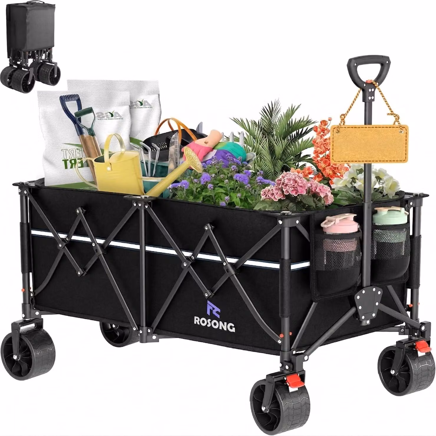 Carrello pieghevole con una capacità di 260 litri, dotato di ruote robuste, ideale per l'uso in giardino e in campeggio