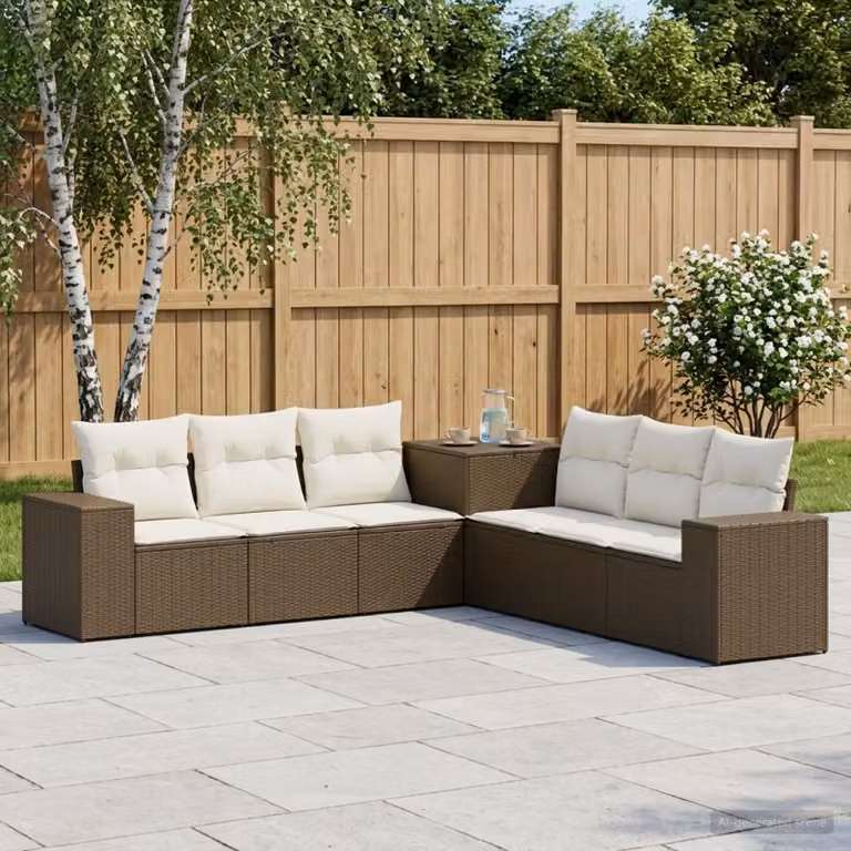 Set di divani da giardino vidaXL in polyrattan marrone e bianco crema con cuscini inclusi