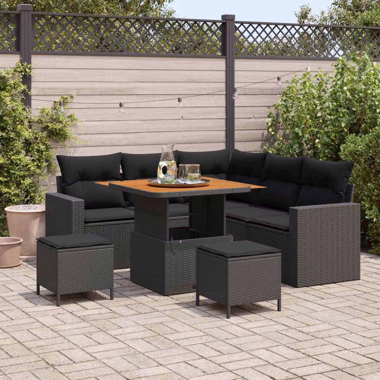 Set Divano da Giardino vidaXL a 6 Posti con Cuscini e Tavolino, Design Moderno a L, Nero – 1