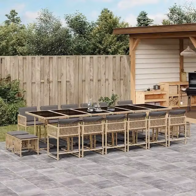 Set Pranzo da Giardino vidaXL 17 pz in Polyrattan con Piano in Vetro e Cuscini Beige, Grigio e Nero – 1