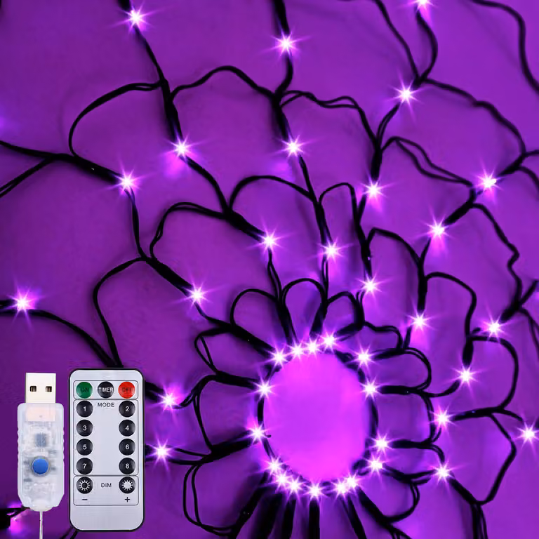 Ghirlanda luminosa a LED a forma di ragnatela per Halloween, diametro 120 cm, alimentazione USB con telecomando, 8 modalità, intensità regolabile e timer, decorazione per interni ed esterni, feste e giardini, colore viola