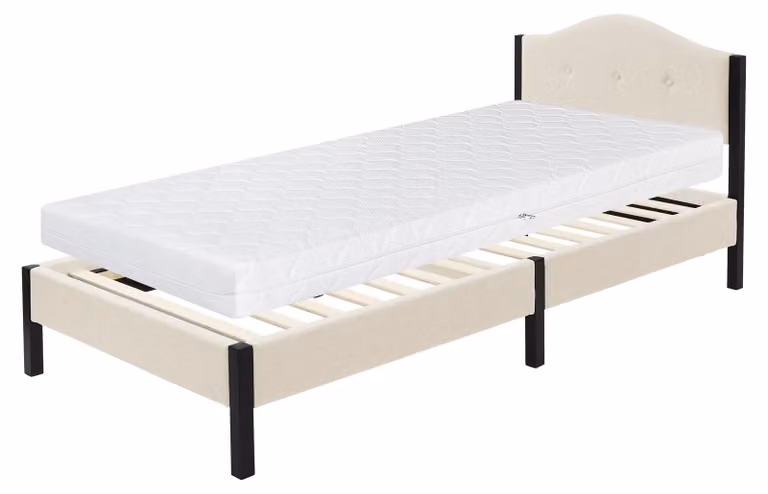 Letto imbottito ML-Design 90x200 cm, beige, letto singolo con materasso (H: 16 cm), solida struttura del letto, testiera e rete a doghe. Letto moderno per ragazzi.