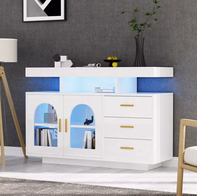 Credenza 120x40x80 cm bianca in truciolare con LED RGB e 3 cassetti