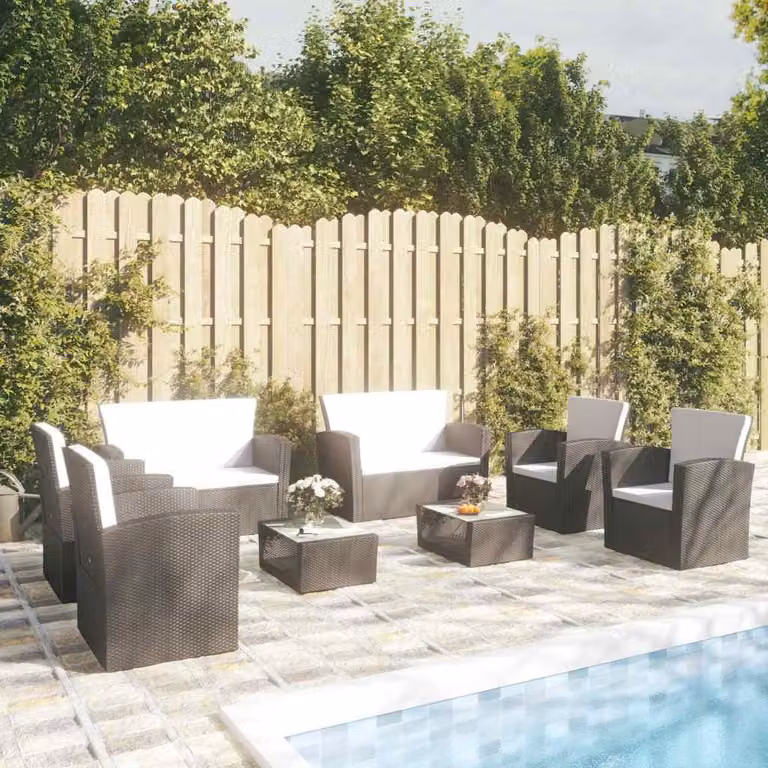Set Divani da Giardino a L vidaXL 8 pz con Cuscini e Tavolino, Polyrattan Nero e Bianco con Struttura in Acciaio Verniciato a Polvere