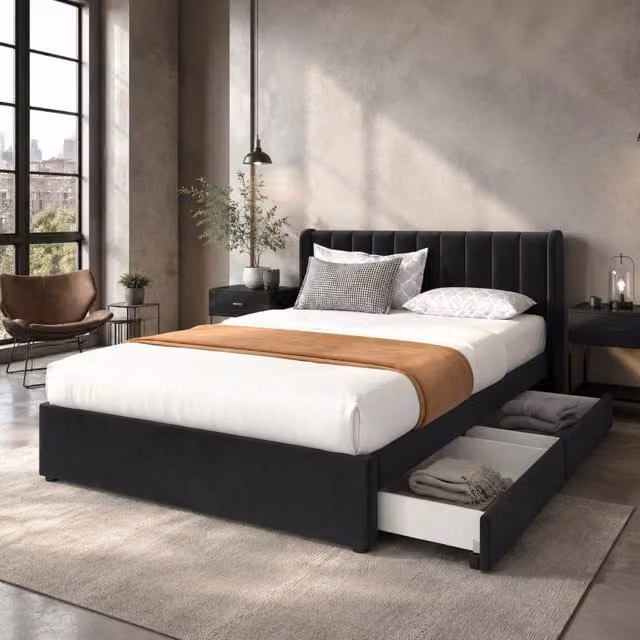 Letto in velluto nero 140x200 cm con 2 cassetti