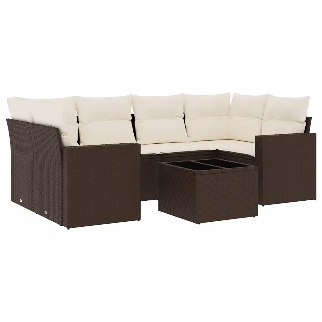 vidaXL Set Divano da Giardino a L 7pz in Polyrattan Marrone con Cuscini Bianchi e Tavolino – 2