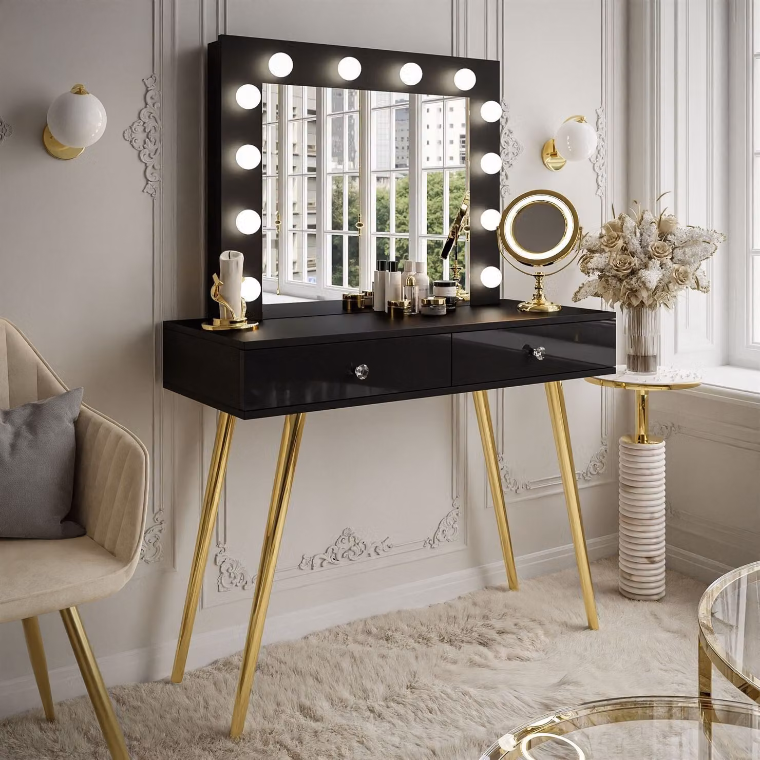 Tavolo da trucco SIENNA GOLD con cassetti su gambe dorate Oro cromato / Nero lucido, maniglia in cristallo