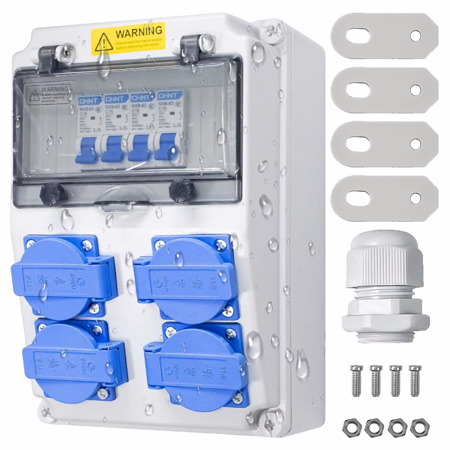Distributore di corrente da 16 A, grado di protezione IP65, 230 V. Distributore con 4 prese di corrente con messa a terra