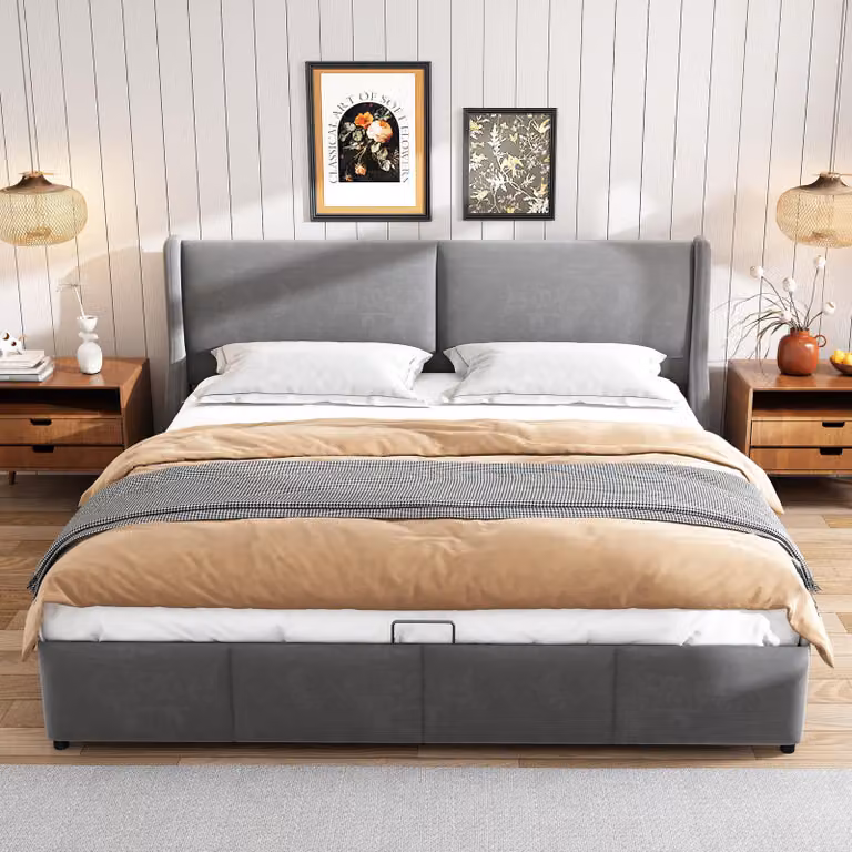 okwish Polsterbett, Letto matrimoniale, 180x200 cm, Letto per bambini con supporto per cuscini, letto idraulico con contenitore, con materasso, grigio