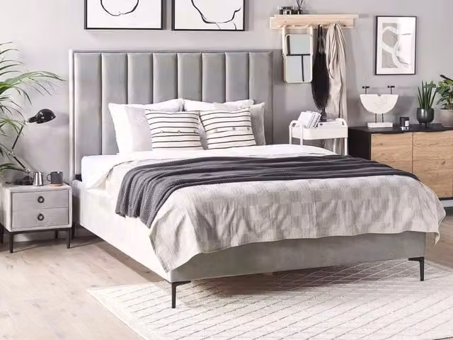 Letto Beliani in velluto grigio con contenitore e testiera imbottita L/P/H: 215 x 160 x 80 cm – 1