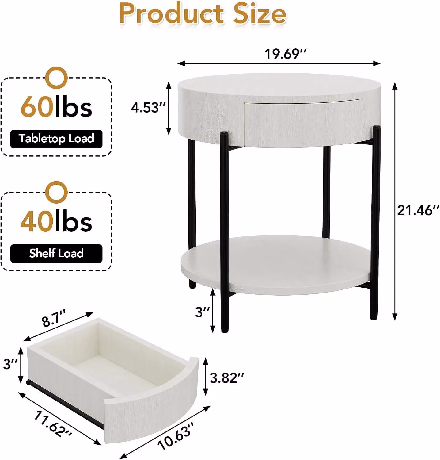 Tavolino rotondo – Tavolino da divano – Cassetto – 2 ripiani – Legno effetto vintage – Gambe in metallo – 50 x 55 cm – Bianco