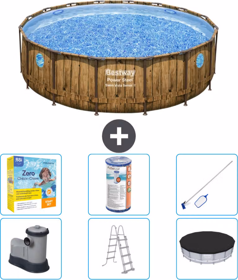 Piscina Bestway Round Power Steel Swim Vista - stampa su legno - 488 x 122 - inclusa pompa - scala - copertura pacchetto manutenzione - filtro - kit pulizia