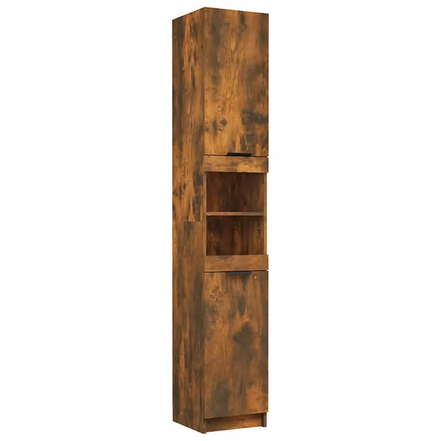 Armadio da bagno moderno con 6 scomparti portaoggetti 32 x 34 x 188 cm in legno multistrato rovere fumé 02_0048300