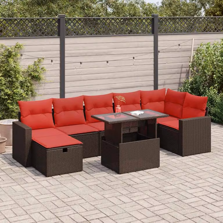 Set Divani da Giardino vidaXL in Polyrattan e Legno di Acacia con Cuscini, 8 Pezzi, Marrone