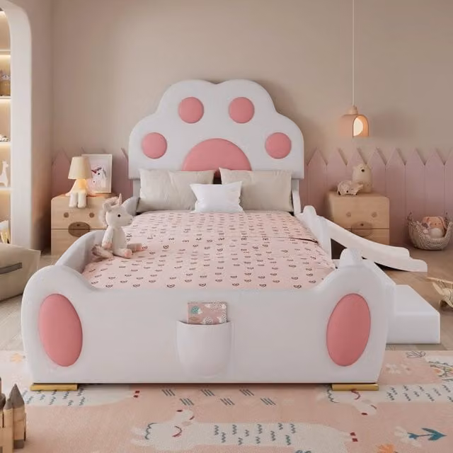 Letto Imbottito Singolo per Bambini con Scivolo ¨C MINIMAL ¨C Bianco e Rosa, 90x200cm