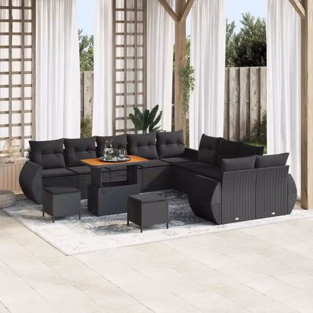 Set Divano da Giardino vidaXL a forma a U in Polyrattan Nero con Cuscini e Tavolino