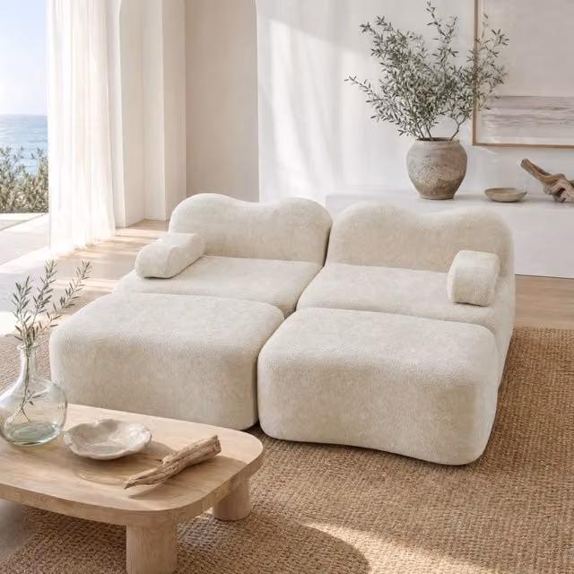 Divano modulare senza struttura interna in velluto beige con imbottitura in schiuma 32D