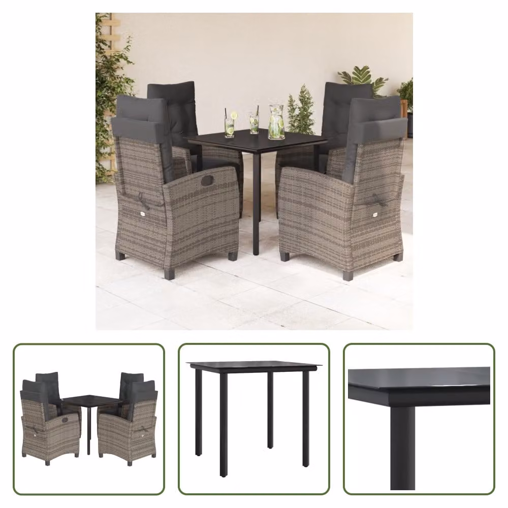 The Living Store Set da pranzo da giardino 5 pezzi con cuscini in poly rattan grigio