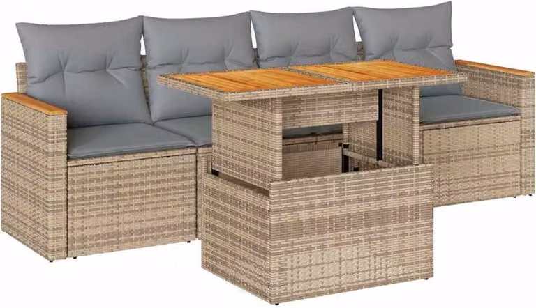 Set Divano da Giardino 5 pz con Cuscini Beige Polyrattan Acacia