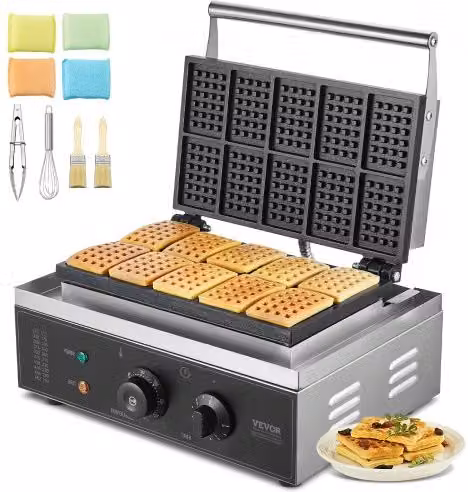 Macchina per Waffle Commerciale VEVOR in Acciaio Inox Argento, 10 Waffle Belga Rettangolari, 1550 W con Timer e Controllo Temperatura