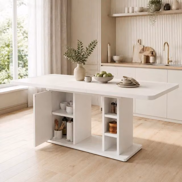 Tavolo da pranzo allungabile 140-180 cm; 6-8 posti; con armadietto e vani aperti; MDF bianco