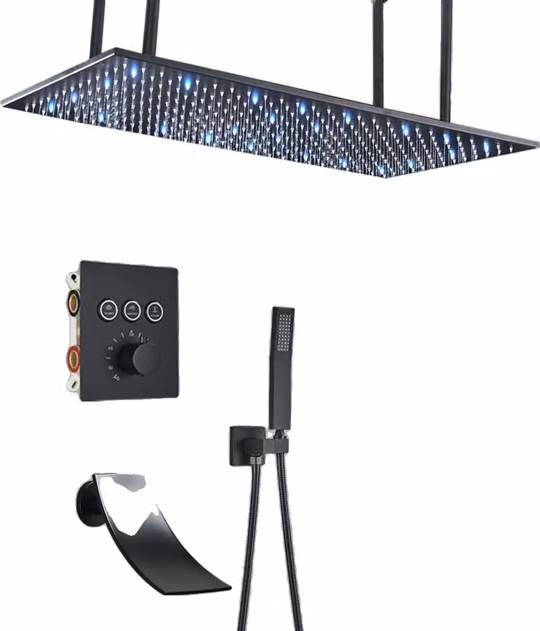 Rubinetto doccia da soffitto, finitura nera, soffione doccia con LED, set LED nero