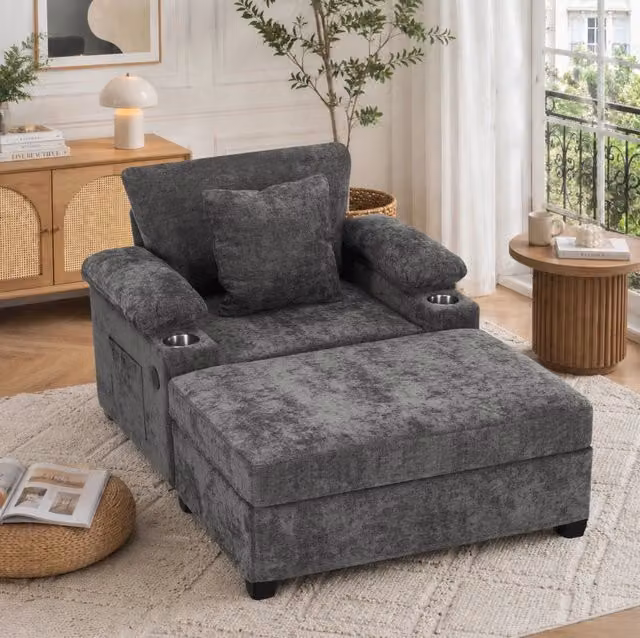 Poltrona reclinabile in ciniglia con porta bicchieri e braccioli contenitore; grigio scuro