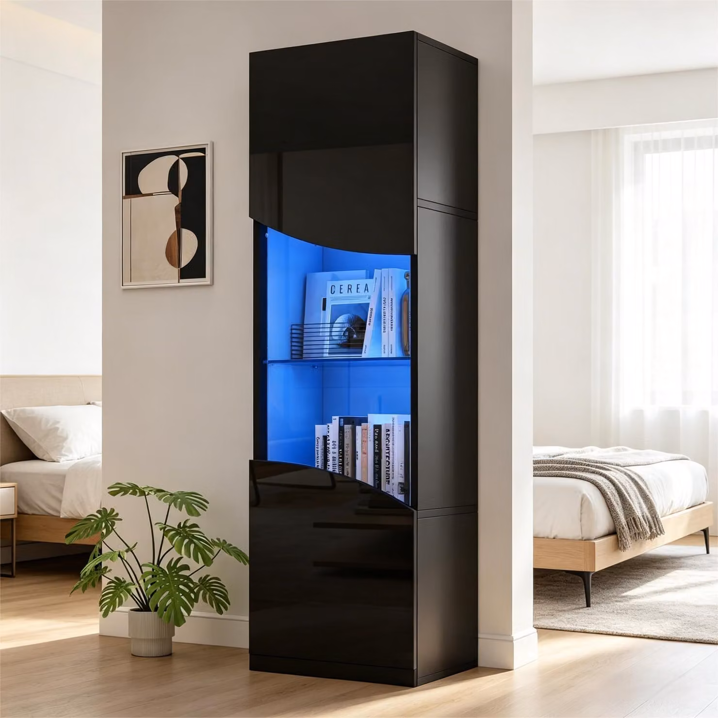Vetrina espositiva, dimensioni 35 x 50 x 165 cm, 4 ripiani interni, vetro temperato, illuminazione LED con controllo tramite app, ante lucide, design ondulato, colore nero