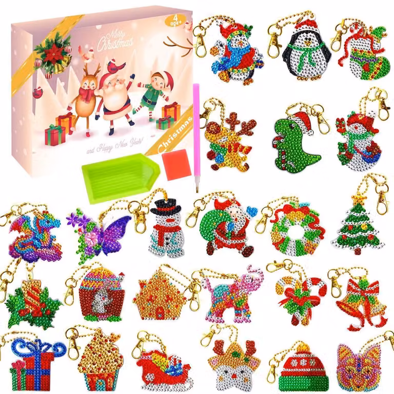 Calendario dell'Avvento 2026 per bambini, 24 pezzi, kit per creare portachiavi con tecnica del diamante, ideale per contare i giorni fino al Natale